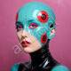 Turquoise Cyborg Woman with Red Accents on Pink