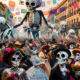 Skeleton figures in a Day of the Dead parade
