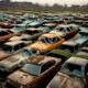 A large number of cars parked together in a scrapyard