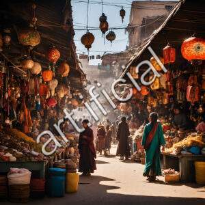 Bustling Traditional Market with Colorful Lanterns
