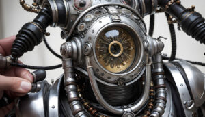 Intricate Steampunk Robot Close-Up with Human Hand