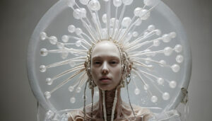 Futuristic Surreal Figure with Biomechanical Headpiece and Translucent Tubes