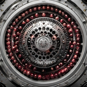 Futuristic Mechanical Structure with Glowing Red Spheres and Concentric Circles