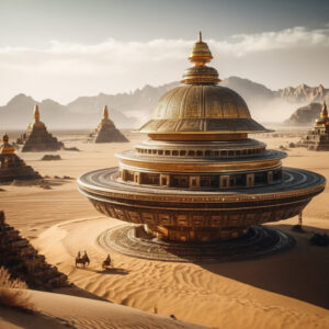 A large round building in a desert