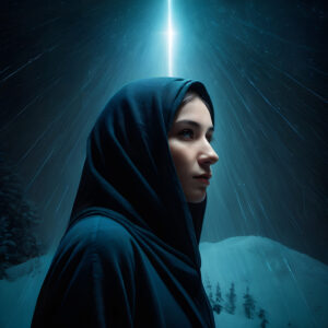 Contemplative Woman in Hooded Cloak Under Radiant Cross in Snowy Landscape