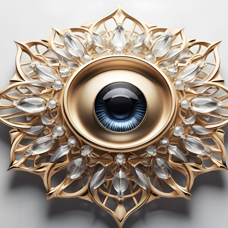 Ornate Golden Eye with Crystals and Blue Iris