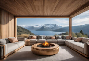 Luxurious Outdoor Seating with Mountain Lake View and Central Fire Pit