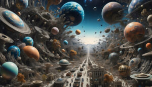 Multidimensional Parallel Worlds with Futuristic Cityscape and Planets