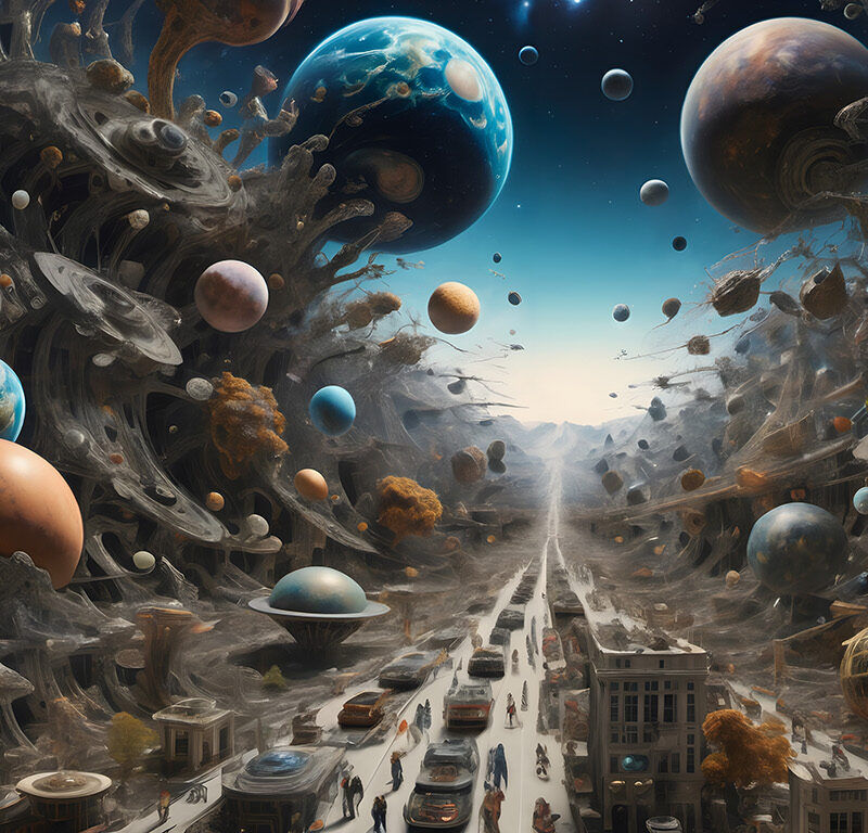 Multidimensional Parallel Worlds with Futuristic Cityscape and Planets