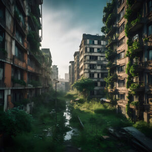 Abandoned Urban Buildings Overrun with Vegetation in Morning Light