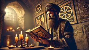 Mystical Scholar Reading Ancient Texts in Candlelit Stone Chamber