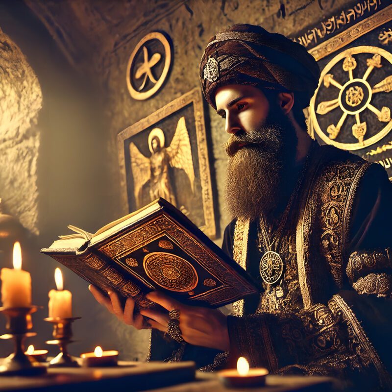 Mystical Scholar Reading Ancient Texts in Candlelit Stone Chamber