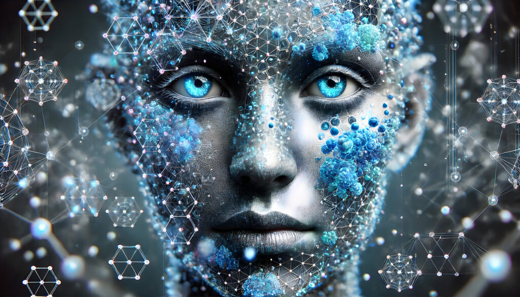 Futuristic Cybernetic Human Face with Digital and Geometric Elements