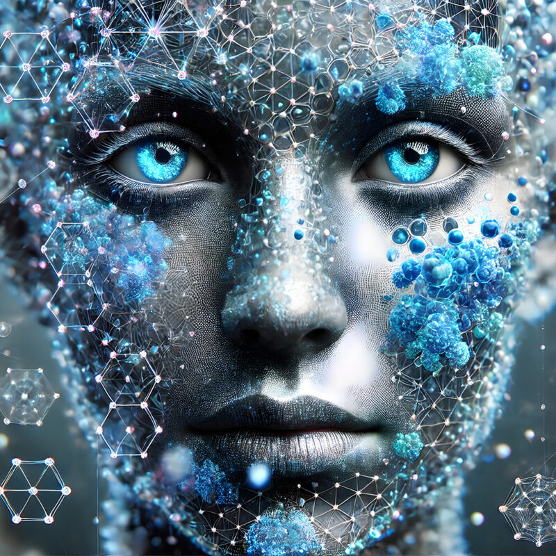 Futuristic Cybernetic Human Face with Digital and Geometric Elements