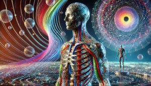 Futuristic Human Anatomy with Technological Integration and Abstract Patterns