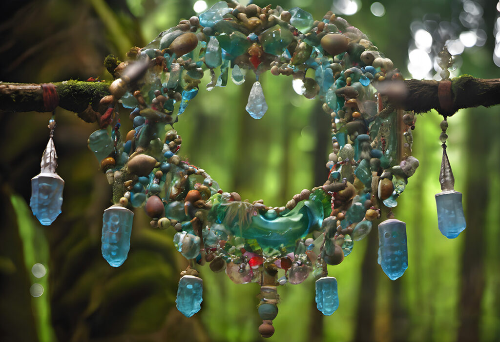 Rustic Wreath with Blue Crystals Hanging in a Mystical Forest