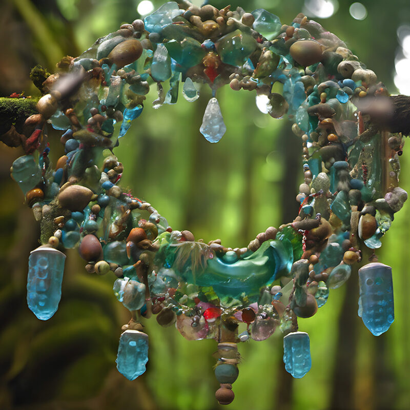 Rustic Wreath with Blue Crystals Hanging in a Mystical Forest