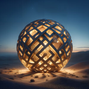 A spherical structure intricately patterned with sacred geometry designs