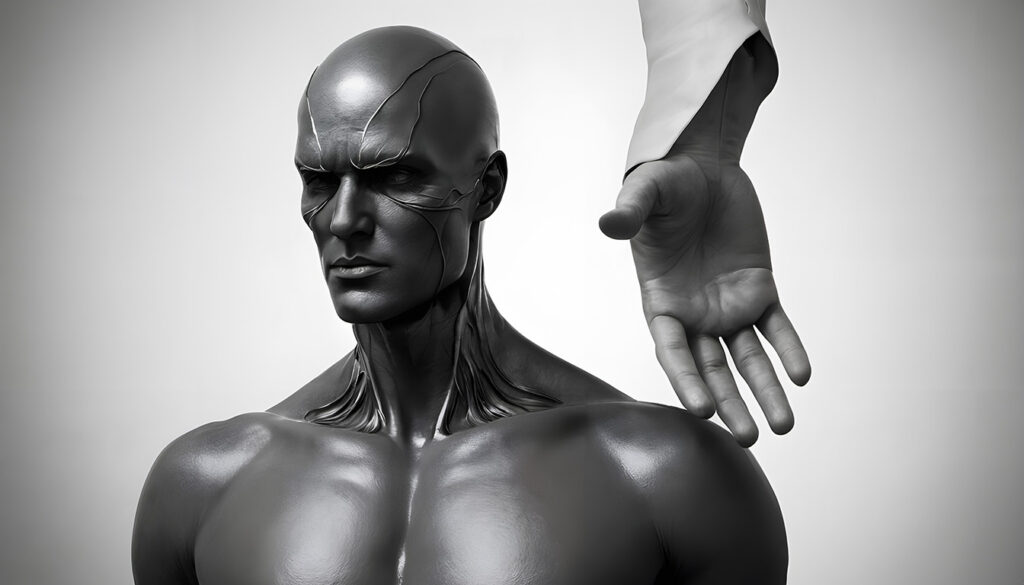 Hyper-Realistic Bald Humanoid with Hand Reaching Towards Shoulder