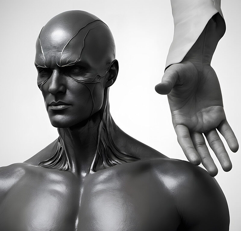 Hyper-Realistic Bald Humanoid with Hand Reaching Towards Shoulder