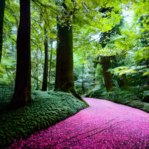 A Flower Petal Path Through A Forest