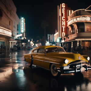 Vintage Cadillac in 1950s Hollywood Night Scene