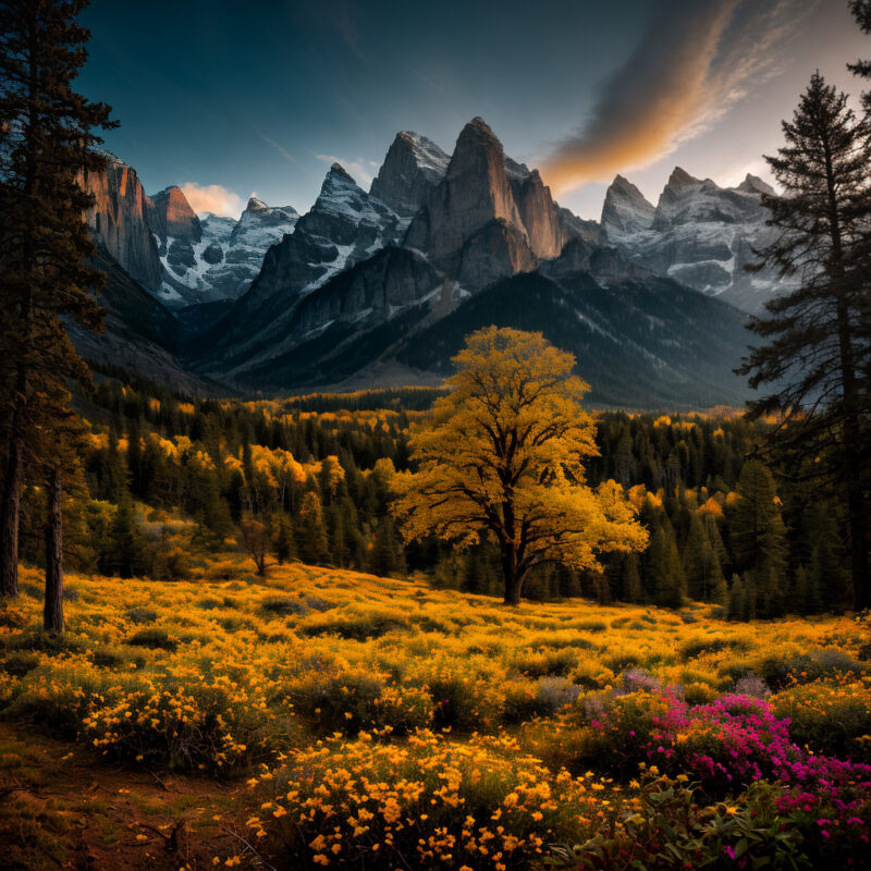 Autumn Splendor in Mountain Valley with Colorful Wildflowers