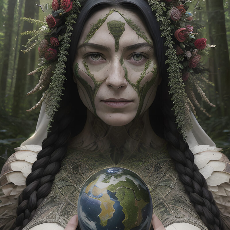 Portrait of Gaia Holding Earth in Mystical Forest