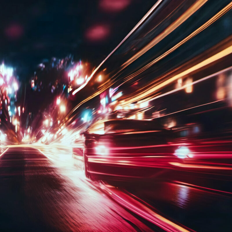 A dynamic image of a street at night showing light trails