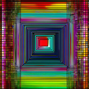 A colorful, abstract square design with a red square in the center