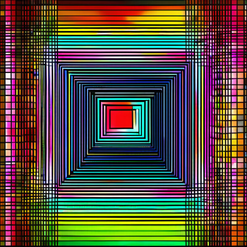 A colorful, abstract square design with a red square in the center