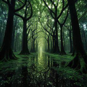 Mystical Forest Pathway, Serenity Amidst the Enchanted Trees and Mirror Waters