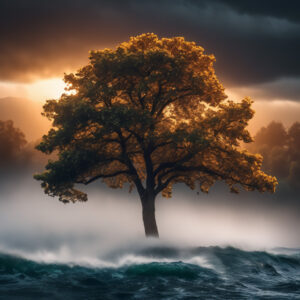 A large tree with yellow leaves, standing tall amidst a stormy sky and rough ocean waves.