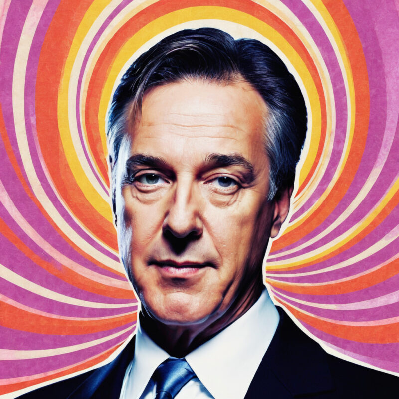 Man in Suit Against Psychedelic Spirals: A Retro-Stylized Portrait