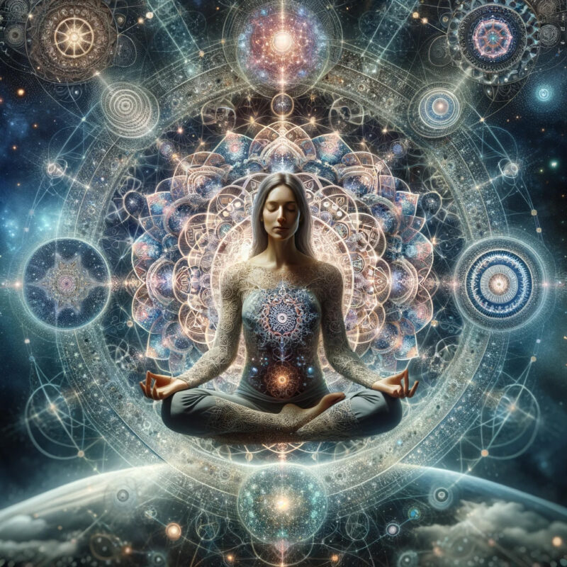 A woman in a meditative pose, floating in a cosmic space filled with intricate mandala patterns and celestial bodies.