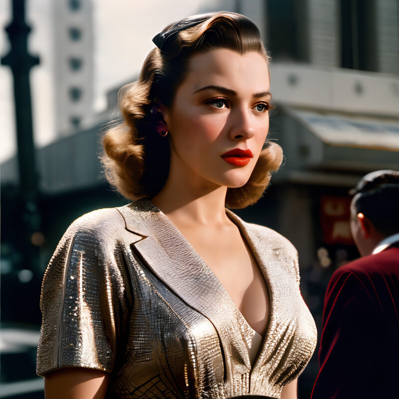 A Woman In A Gold Dress And Red Lipstick