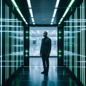 Man in Suit in Futuristic Neon-Lit Corridor