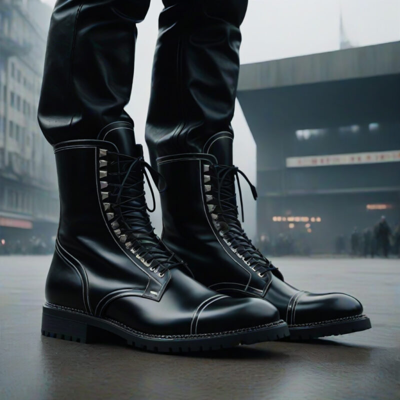 Shiny Black Leather Combat Boots on Urban Street