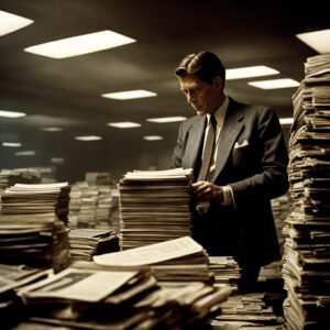 Businessman Sorting Through Massive Paperwork in Office