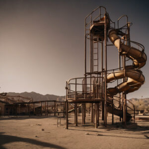 An old, rusted metal water slide in an abandoned water park