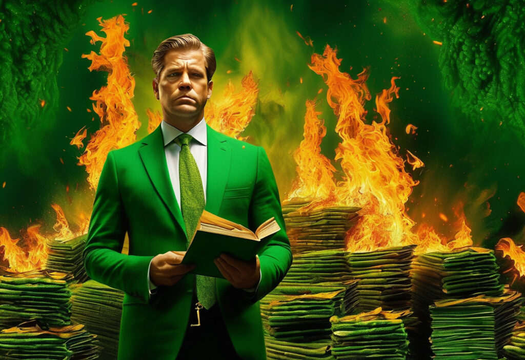 A man in a green suit holding a book in front of a pile of burning books