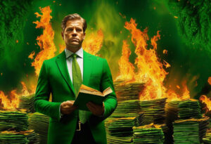 A man in a green suit holding a book in front of a pile of burning books