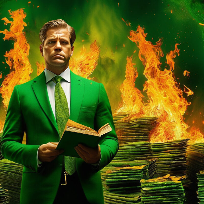 A man in a green suit holding a book in front of a pile of burning books