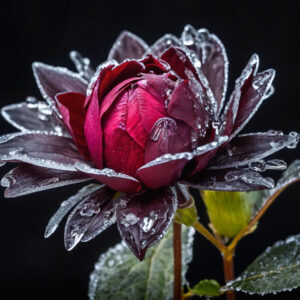 A close up of a rose with transparent frozen leaves