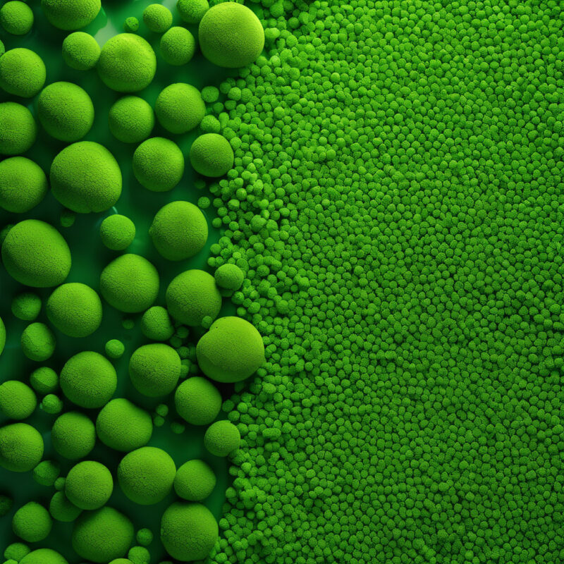 A vibrant green background with numerous green spheres