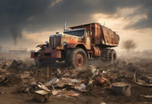 An old, rusted semi-truck with a tank trailer in a desolate, post-apocalyptic landscape.