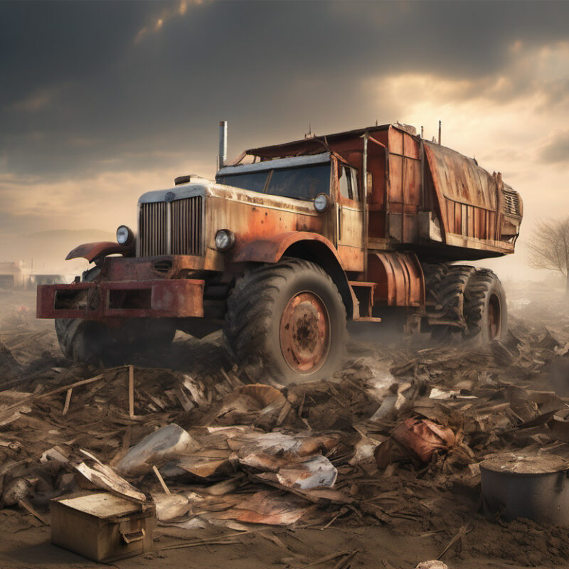 An old, rusted semi-truck with a tank trailer in a desolate, post-apocalyptic landscape.