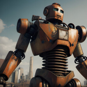 A large, humanoid robot with a design that evokes a sense of retro-futurism.