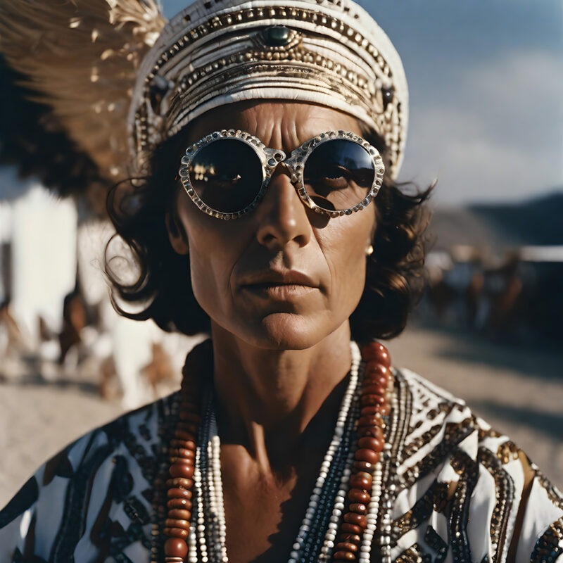 A woman wearing a headdress and sunglasses