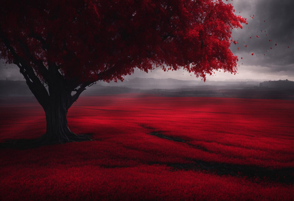 A large tree with red leaves, standing in a field of red grass